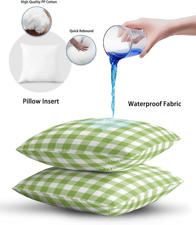 Outdoor Waterproof Throw Pillows Green White Gingham Check Patio Pillows Pack of 2,Decorative Pillow Covers with Insert,Pillow Cushion Case for Indoor Garden Couch Sofa Pastoral Buffalo Plaid