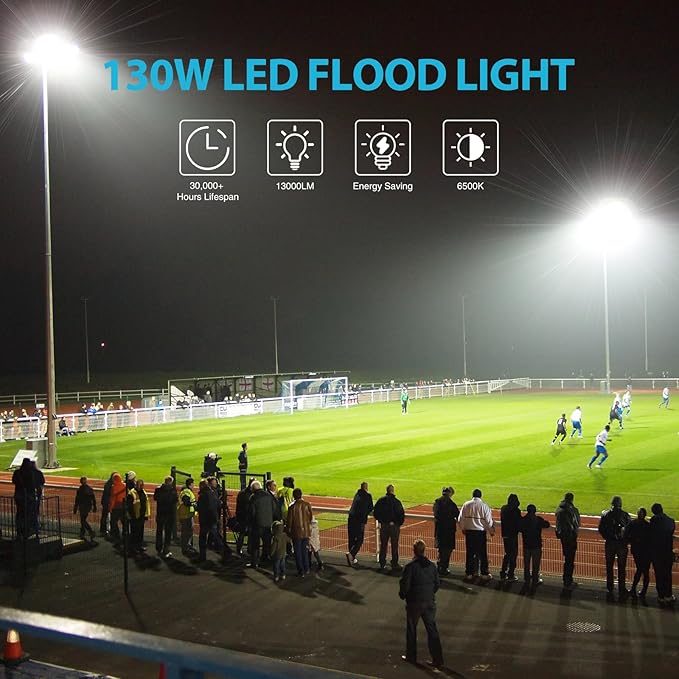 Olafus 2 Pack 130W LED Flood Light Outdoor, 13000lm LED Work Light with Plug, IP66 Waterproof Exterior Security Lights, 6500K Daylight White Outside Floodlights for Playground Yard Stadium Lawn