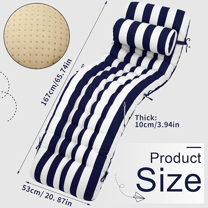 Tudomro Outdoor Chaise Lounge Cushion 66x21x4'' Waterproof & Fade-Resistant Patio Pool Chaise Lounge Cushion Headrest Pillow Tie Replacement Rocking High Back Chair(Navy Blue, White Stripe,1 Pcs)
