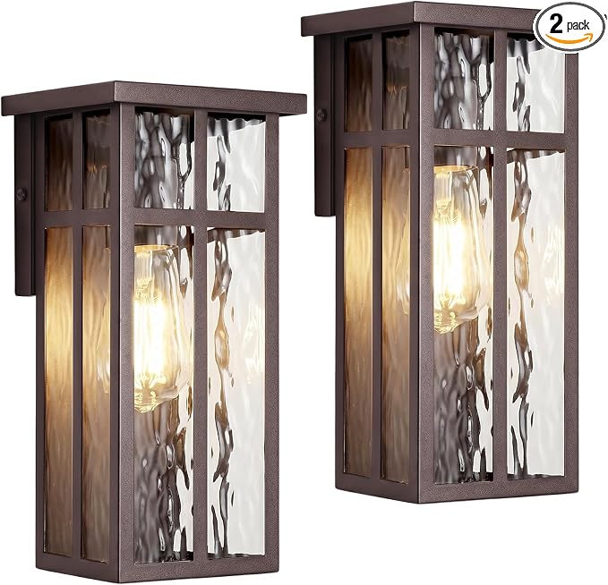 Outdoor Wall Light Fixtures, Modern Brown Porch Wall Lanterns | Waterproof Construction & Durable Metal, Rust-Resistant, Quick & Easy Installation, Ripple Glass Shades & Standard E26 Socket