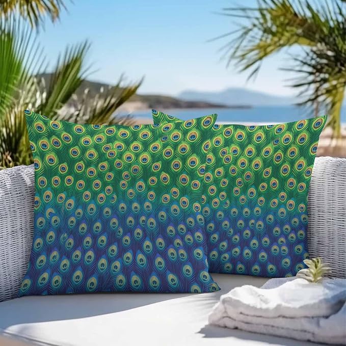 Peacock Feathers Outdoor Waterproof Pillow Covers, Ombre Blue Green Modern Animals Printed Decorative Square Throw Pillowcase Sofa Cushion Sham for Patio/Couch/Chair, 24"x24" 2 Pack