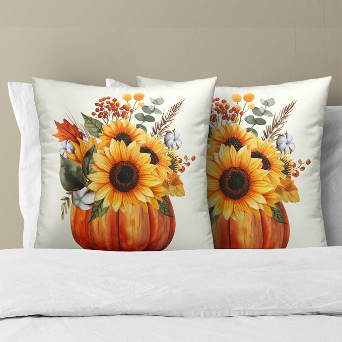 Fall Sunflower Pumpkin Pillow Cover Set of 2-22x22 Inch Autumn Flower Floral Harvest Seasonal Decorative Sofa Couch Cushion Case for Porch Patio Outdoor Indoor Home Decor