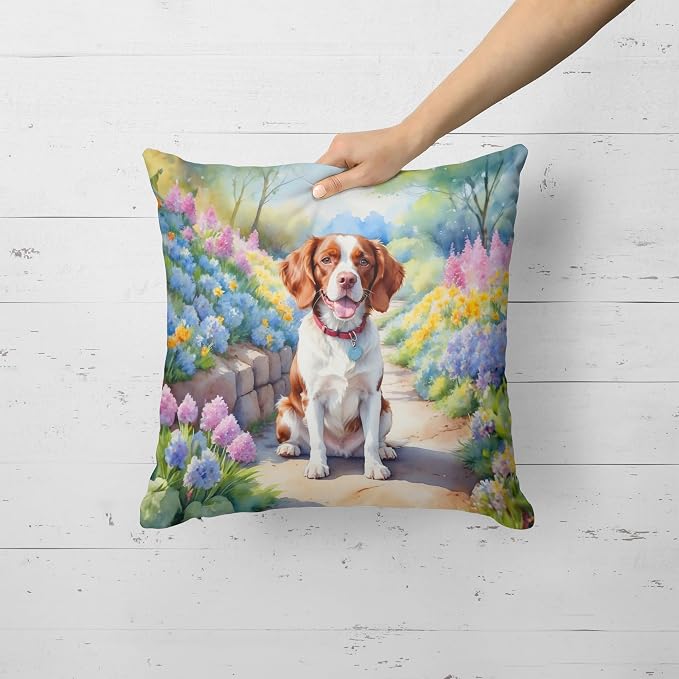 Caroline's Treasures Brittany Spaniel Spring Path Throw Pillow Machine Washable, Indoor Outdoor Decorative Pillow for Couch, Bed or Patio, 18Hx18W