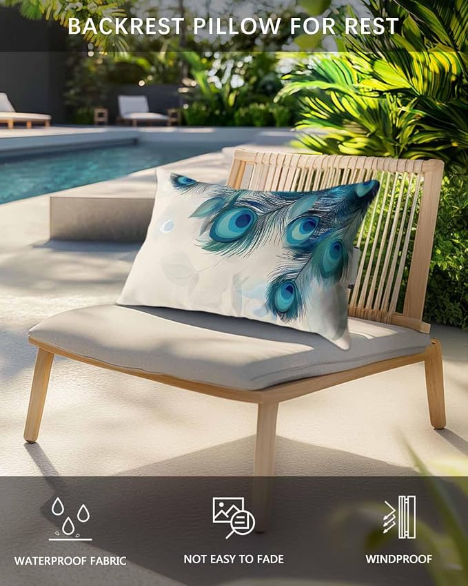 Pack of 2 Outdoor Lumbar Cushions with Inserts, Modern Blue Peacock Feather Animal Pattern Waterproof Fluffy Fade Body Pillows, Patio Furniture Pillow for Home Balcony Garden Decor 11x16IN