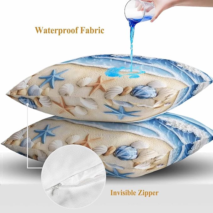 Summer Beach Outdoor Waterproof Throw Pillow Covers Set of 2, 24"x24", Seashell Starfish Nautical Coastal Decorative Pillow Covers Outside Cushion Case for Patio Porch Garden