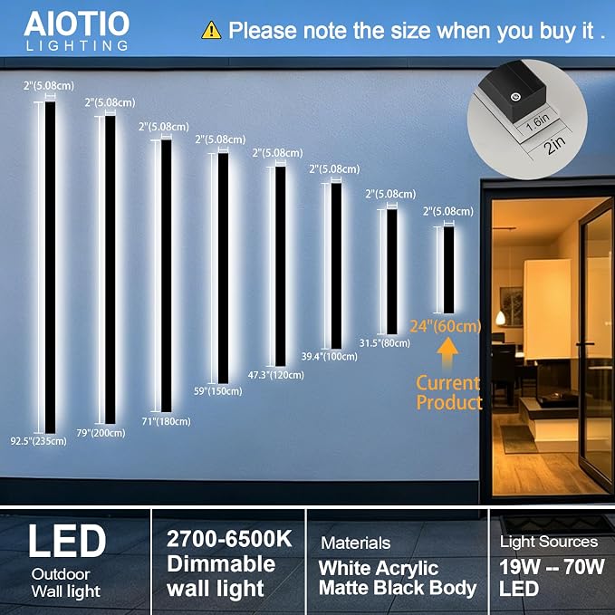 AioTio Modern Outdoor Wall Light for House,2pack 23.6inch Black LED Exterior Wall Sconces Lighting Fixtures, Outdoor Porch Light Fixture Dimmable Long Linear Wall Light Outside Lighting for Porch