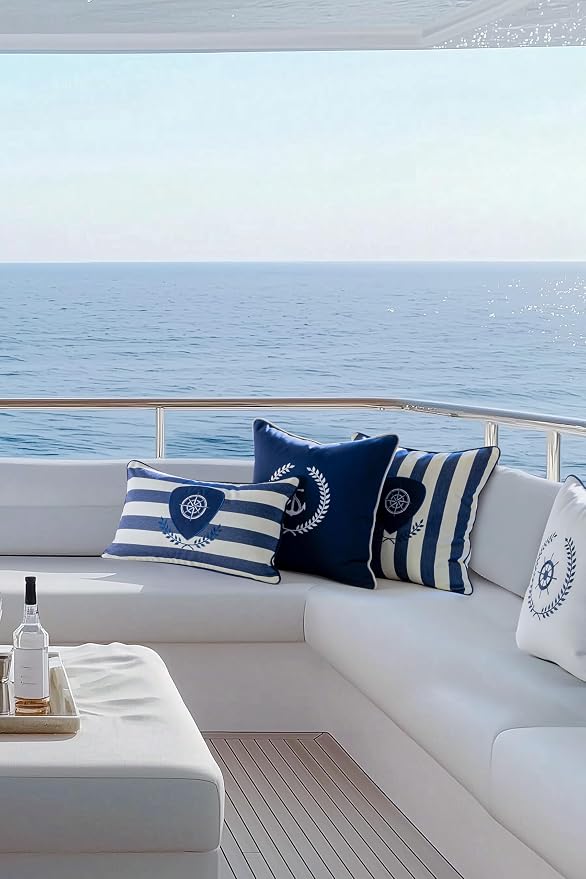 Hofdeco Premium Coastal Outdoor Performance Lumbar Pillow Cover Only, 12"x20" Water Repellent, UV and Fade Resistant for Backyard, Couch, Poolside, Navy Blue Embroidered Nautical Yacht Stripe