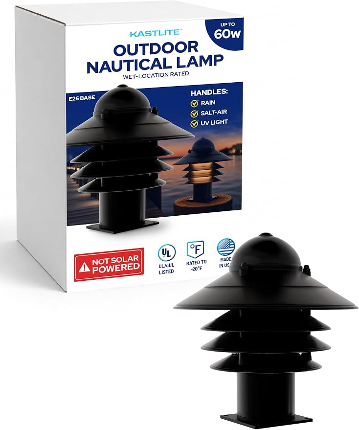 Nautical Pier Mount Outdoor Lighting - Salt-Air Tough Rust-Proof Non-Metallic Coastal Lamps - UL Listed Dock Lights - Patio Fence Deck Porch Lights Outdoor - USA Made, Short, Basic, Black