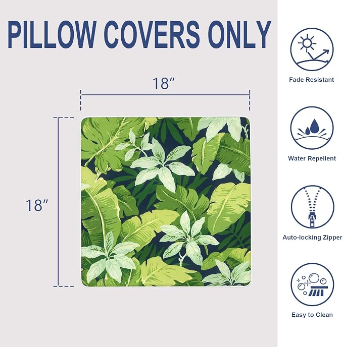 Outdoor Throw Pillow Covers Pack of 2, Decorative Water Repellent Square Pillow Cases with Piping 18x18 Inch, Jungle Leaves