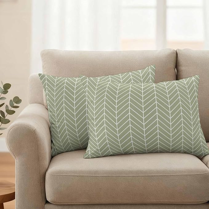 Outdoor Waterproof Throw Pillow Covers Set of 2 Sage Green Chevron Stripes Lumbar Pillowcases 20x12 Inches Modern Geometric Texture Decorative Pillows Cushion Case Patio Pillows for Couch Bed Chair