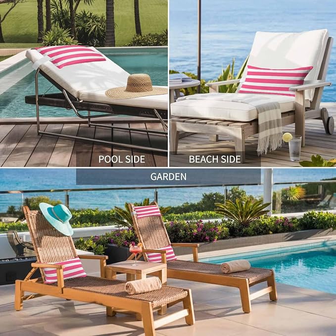 Monochrome Pink Striped Outdoor Head Pillows for Recliner Lounge Chair,Pack of 2 Waterproof Throw Pillow Cushion Cases with Insert&Elastic Strap,Modern Geometric Line Neck Pillow for Patio Beach