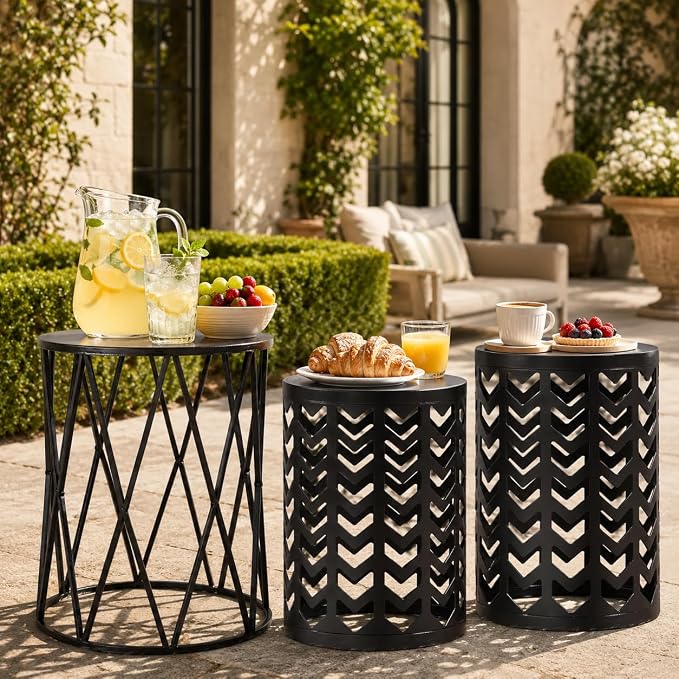 Y&M Set of 3 Stacking Coffee Tables for Living Room End Tables, Nesting Side Table, Outdoor Decorative Garden Stool with Heavy Duty Modern Industrial Decor - Black (Ship from US)