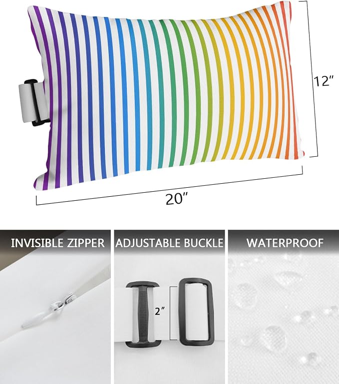 Pack of 2 Outdoor Lumbar Pillow Covers 12x20 Inch, Thin Rainbow Striped Waterproof Throw Pillow Covers Set, Farmhouse Modern Stripes Indoor&Outdoor Decorative Cushion Cases for Patio Porch Car