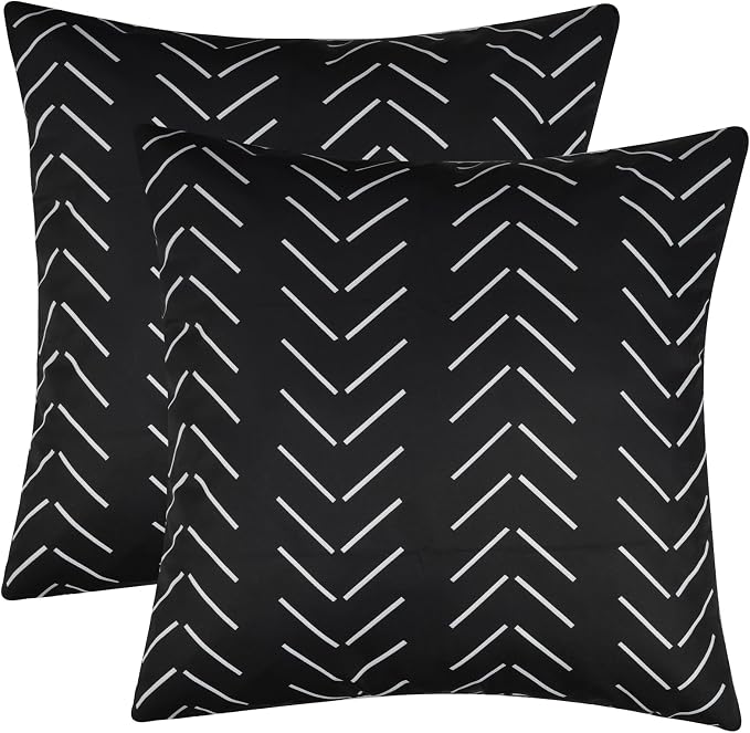 Adabana Geometric Waterproof Outdoor Pillow Covers 16x16 Black and White | Set of 2 Waterproof Design for Patio, Porch, Garden and Beach Decor