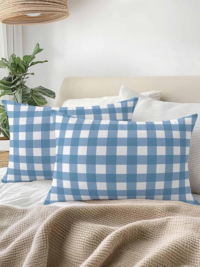 Waterproof Outdoor Pillow Set of 2 Buffalo Plaid Decorative Throw Pillows Cover & Insert 20x12 Inch Lumbar Pillowcase Blue Check Lines Pillows for Couch Sofa Bed Patio Furniture Indoor Outdoor