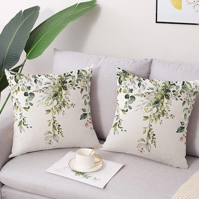 Outdoor Waterproof Throw Pillow Covers 18X18 Inch Set of 2 Spring Sage Green Pillow Covers Watercolor Eucalyptus Leaves Decorative Cushion Covers for Couch Garden Tent Balcony