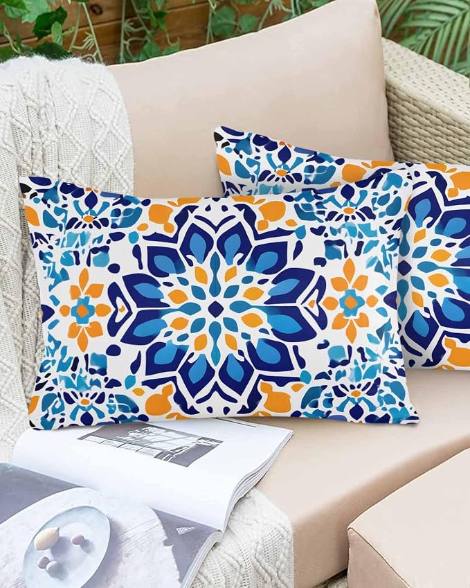 Outdoor Waterproof Pillow Covers Abstract Blue Yellow Flowers Set of 2 Decorative Outdoor Pillowcases Vintage Art Cushion Cases for Patio Funiture Garden Couch Bench 12 x 20 Inches