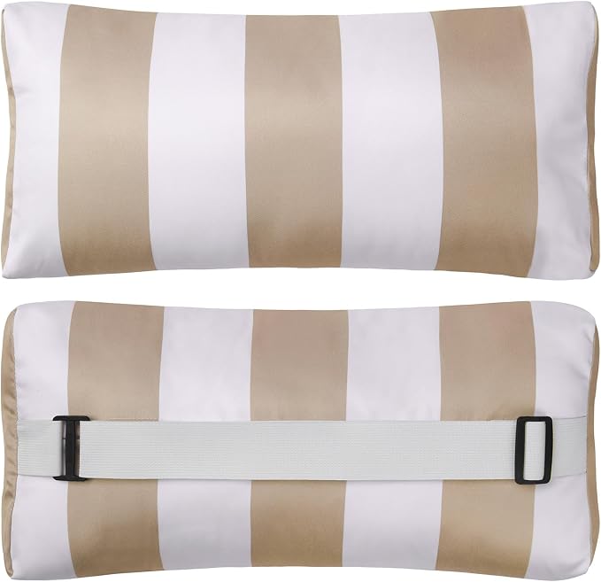 Outdoor Pillow for Chaise Lounge Chair, 2pcs Striped Chaise Lounge Pillows, Adjustable Strap Head Lumbar Pillow for Patio Pool Beach Office, Khaki