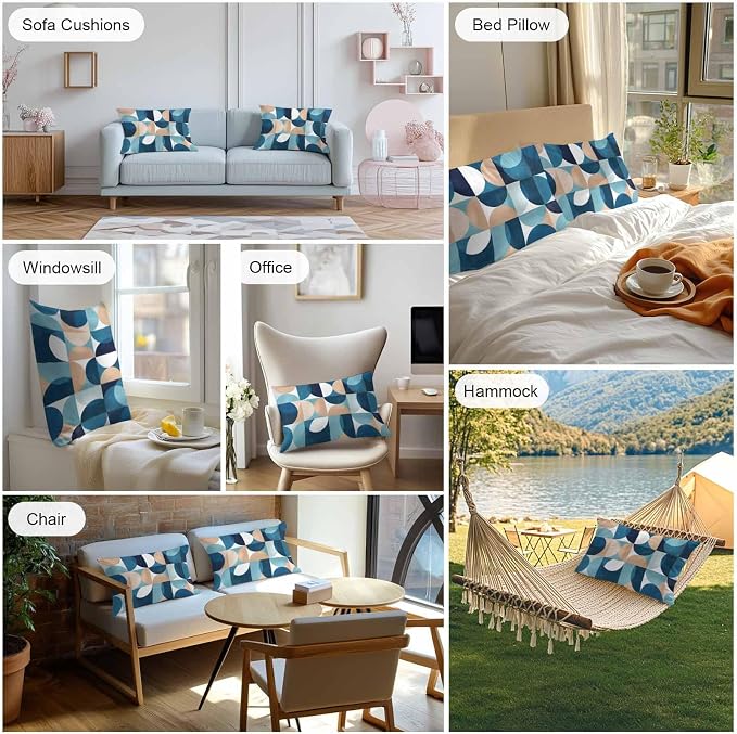 Vandarllin Outdoor Throw Pillows Covers 20x12 inch Set of 2 Waterproof Mid Century Geometric Decorative Zippered Cushion Covers for Patio Furniture, Abstract Modern Blue Lumbar Pillowcases
