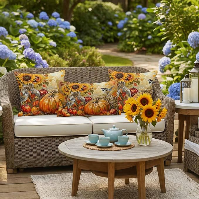 Fall Pumpkins Outdoor Pillow Covers 20x12 Inch Lumbar Pillow Covers Set of 2 Waterproof Decorative Throw Pillow Cases Sunflowers Birds Thanksgiving Oil Painting Cushion Covers for Patio Furniture