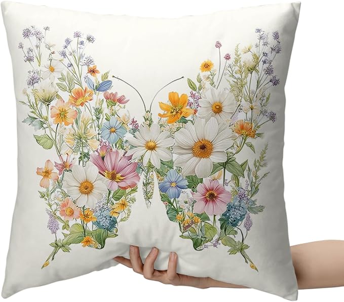 Colorful Butterfly Floral Pillow Covers Spring Summer Throw Pillow Covers 18x18 Set of 2 Sunflower Daisy Wildflowers Farmhouse Pillow Cases for Home Living Room Sofa Couch Decor
