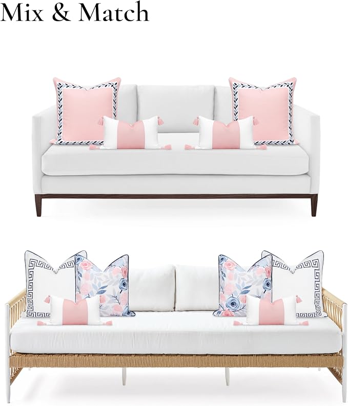 Hofdeco Premium Coastal Patio Indoor Outdoor Lumbar Pillow Cover Only, 12"x20" Water Repellent for Backyard, Couch, Blush Pink Color Block with Tassels