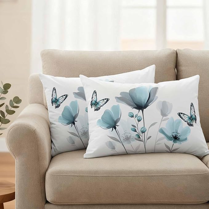 Spring Blue Tulip Waterproof Outdoor Pillow Covers Set of 2 Home Decor, Pastoral Botanical Florals Simple Pillowcase Patio Pillow Covers for Couch Bench Furniture Garden 20x12in