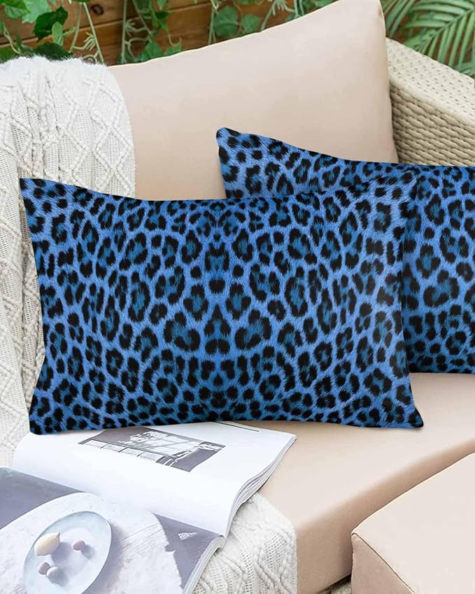 Vandarllin Outdoor Throw Pillows Covers 20x12 inch Set of 2 Waterproof Blue Leopard Print Decorative Zippered Cushion Covers for Patio Furniture, Retro Animal Fur Pattern Lumbar Pillowcases