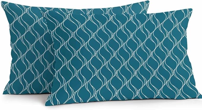 Teal Blue Stripes Outdoor Pillow Covers 20x12 Inch Lumbar Pillow Covers Set of 2 Waterproof Decorative Throw Pillow Cases Simple Geometric Modern Monochrome Cushion Covers for Patio Furniture Garden