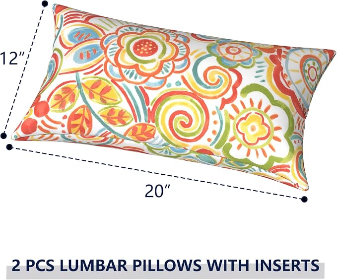 Outdoor Lumbar Pillows 12x20 inch, Rectangle Throw Pillows with Inserts, Decorative Lumbar Cushions for Patio Furniture Garden Couch Home Sofa Office Chair, Pack of 2, Flower Multi