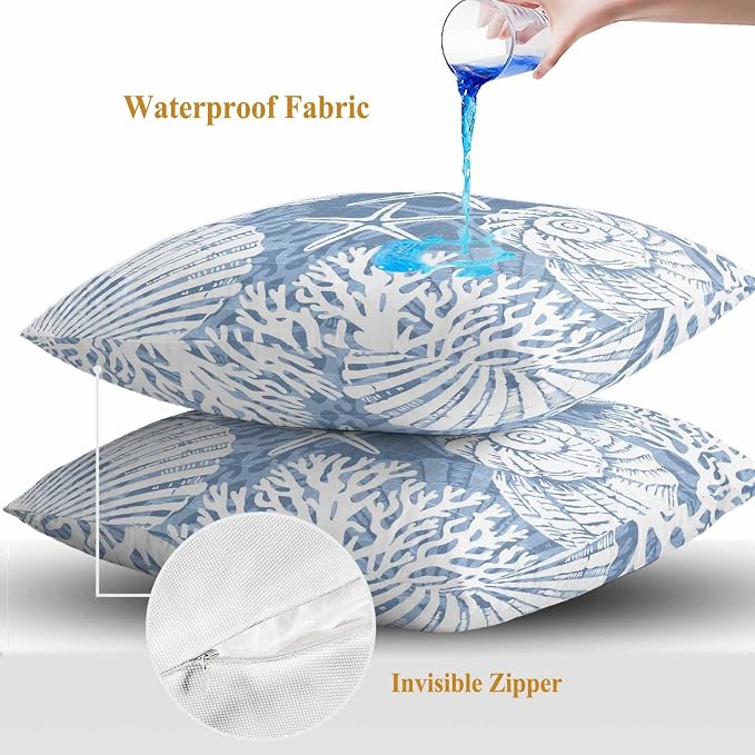 Outdoor Pillow Covers 26x26 Inch Set of 2, Lake Blue Starfish Coastal Waterproof Throw Pillow Covers, Summer Coral Shell Beach Nautical Decorative Cushion Pillowcases for Couch Sofa Bed Garden Patio