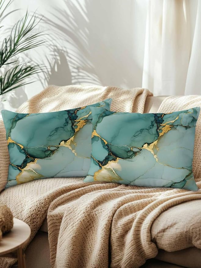 Outdoor Throw Pillow Set of 2, Teal Ombre Marble Waterproof Pillow with Insert Included, Modern Ink Painting Abstract Decorative Accent Cushion Lumbar Pillows for Patio Porch, 12 x 20 in