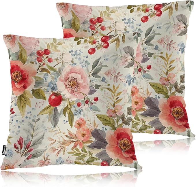 Swono Set of 2 Decorative Throw Pillow Covers Vintage Floral, Romantic Blossom Rose Flowers Farmhouse Pillowcases Accent Pillow Cushion Cover for Couch Sofa Bed Office Armchair 18 X 18 Inch