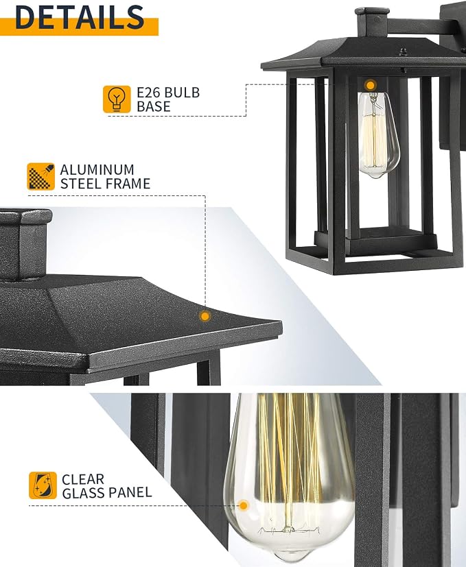 Beionxii Outdoor Light Fixture, Dusk to Dawn Exterior Wall Mount Lantern Outside Lights for House Porch Patio, Black Cast Aluminum w/Clear Glass (13.5" x 9") - A197W-2PK