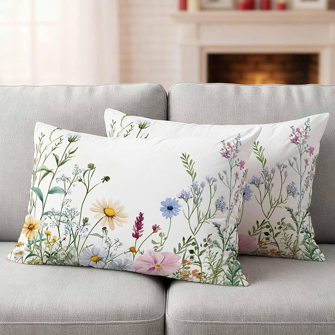 Farms Wildflowers Outdoor Waterproof Throw Pillow Covers Set of 2, 20"x12", Herbs Countryside Watercolor Floral Leaf Decorative Pillow Covers Outside Cushion Case for Patio Porch Garden