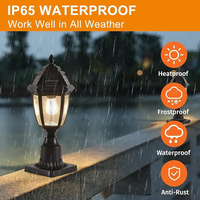 Solar Outdoor Post Lights 1 Pack, Dusk to Dawn Column light with Base | Dusk to Dawn Outdoor Post Light Fixtures, Black Exterior Solar powered Pole Light for Outside Porch Yard Pathway Driveway