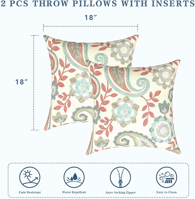 LVTXIII 2 Pack Outdoor Pillows 18x18 Inch, Square Throw Pillows with Inserts, Decorative Water-Repellent Pillow Cushions for Patio Furniture and Garden Sofa, Paisley Vintage