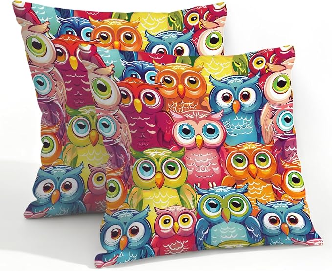 22x22 Inch Outdoor Pillow Covers Set of 2 Waterproof Throw Pillow Covers Decorative Couch Cushion Covers Colorful Cute Owl Square Pillowcases Protectors for Patio Garden Sofa