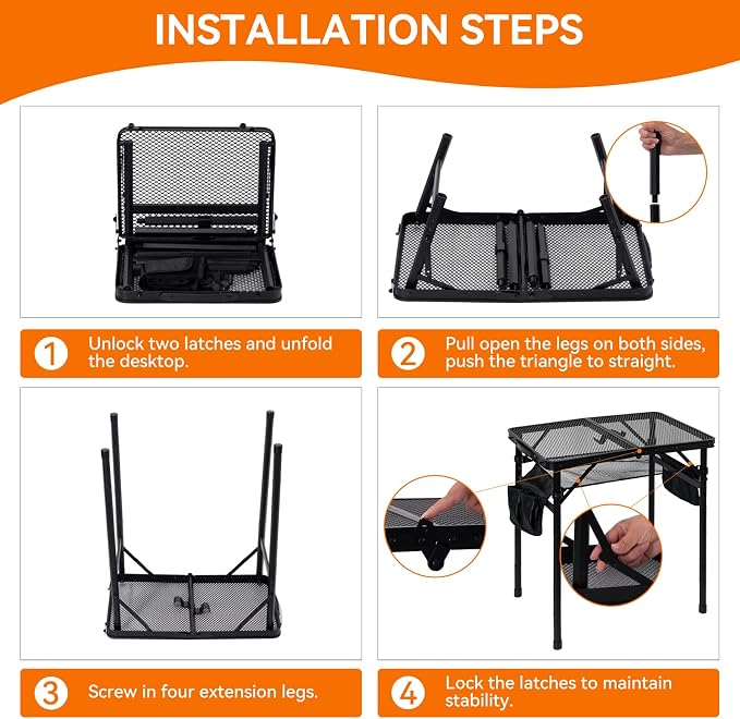 2Ft Foldable Grill Table for Camping, Portable Metal Mesh BBQTable with Dual Side Storage Bags, Lightweight Folding Outdoor Cooking Table for Picnic, RV Travel, Beach & Backyard BBQ