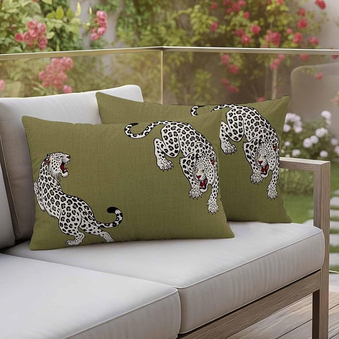Yukro Green Leopard Outdoor Waterproof Pillow Covers Pack of 2, Modern Style Wild Animal Rustic Linen Texture Throw Pillowcases Decorative Cushion Covers for Garden Patio Tent Sofa Couch, 20x12 inch