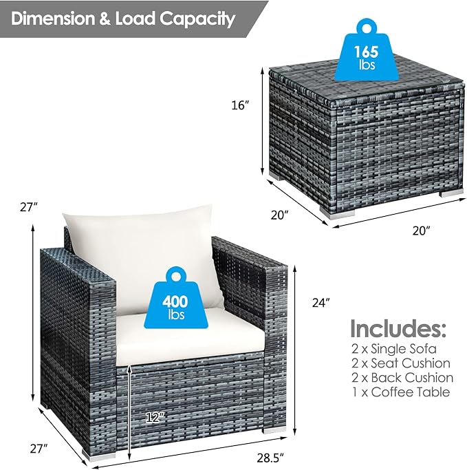 HAPPYGRILL 3 PCS Patio Conversation Set Outdoor Rattan Wicker Sofa Set with Coffee Table Patio Furniture Set with Soft Cushions for Balcony Porch Backyard Garden