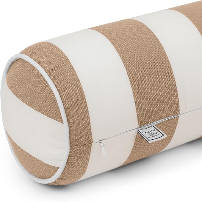Sherry Kline Cabana Stripe Set of 2 Neck roll Bolster Pillows, Zippered Removable Cover with Corded Trim, 6x18 Inch Cylinder Outdoor Indoor Cushion, Foam Insert, Made in USA - Beige/Natural