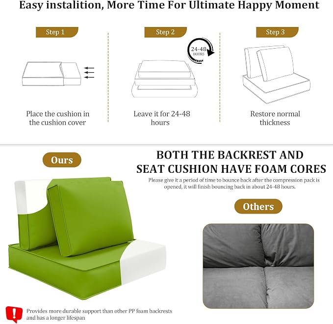 14pc Waterproof Outdoor Couch Cushions for 6 Seat Patio, Light Green | Water-resistant, UV-resistant,14pc High-Density Foam Replacement Cushions for 6-Seat Outdoor Sectional Furniture