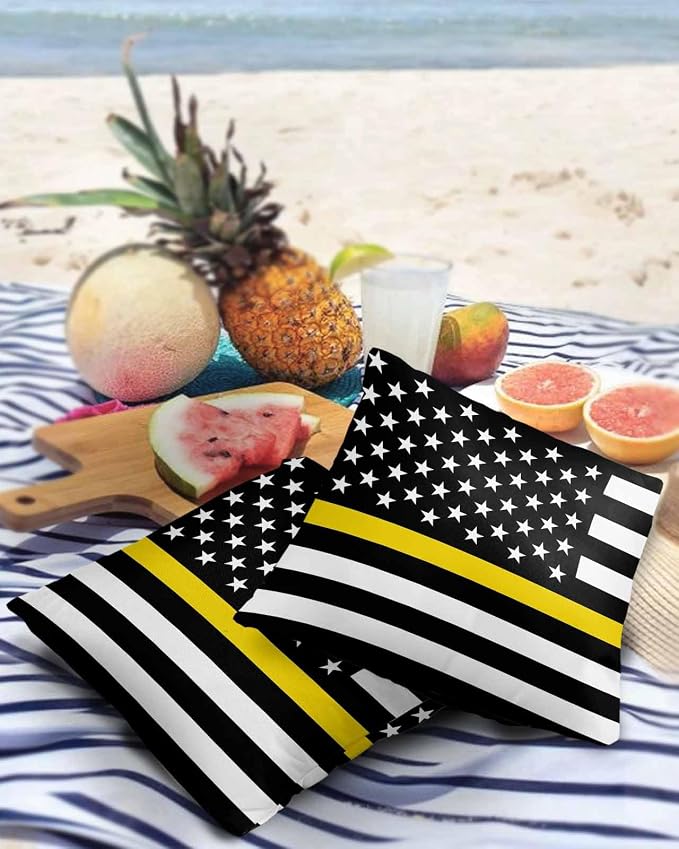 Outdoor Waterproof Pillow Covers Set of 2, Thin Yellow Line Gold Emergency Dispatchers Truck Flag Patio Throw Pillow Covers, Decorative Cushion Case for Couch Sofa Furniture Garden, 16x16 Inch