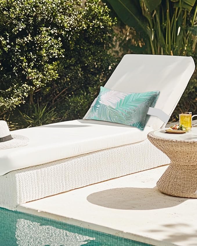 Outdoor Pillows Waterproof Covers Set of 2, Turquoise Palm Leaves Adjustable Elastic Chaise Lounge Head Resting Pillows, Tropical Leaf Plant Lumbar Pillow for Pool Beach Patio Furniture 20x12 Inch