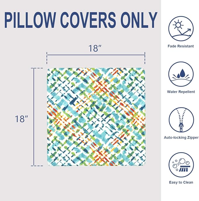 Outdoor Throw Pillow Covers Pack of 2, Decorative Water Repellent Square Pillow Cases with Piping 18x18 Inch, Acapa Opal Geometric