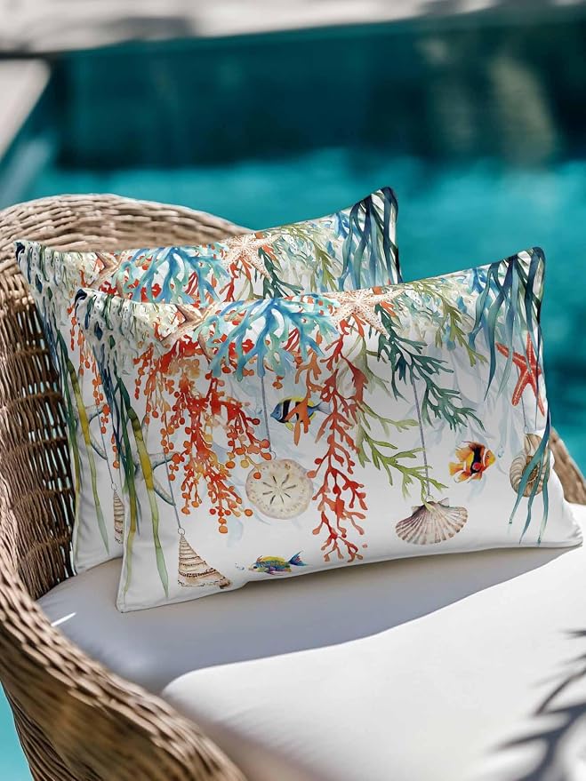 Outdoor Waterproof Throw Pillows Summer Colorful Coral Shell Conch Patio Pillows Pack of 2,Decorative Pillow Covers with Insert,Pillow Cushion Case for Garden Couch Sofa Sea Starfish Fish Marine Life