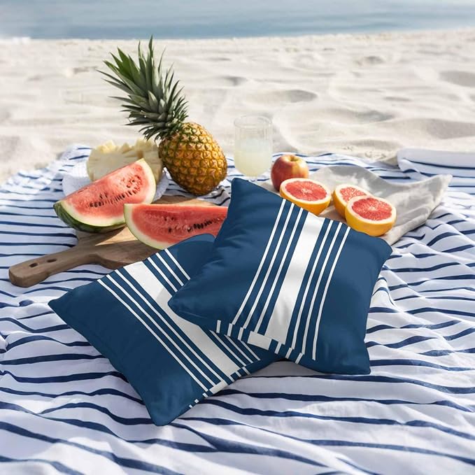 Navy Blue White Stripe Outdoor Pillow Covers 26x26 Inch Throw Pillow Covers Set of 2 Waterproof Decorative Pillow Cases Modern Rustic Vertical Striped Cushion Covers for Patio Furniture Garden Couch