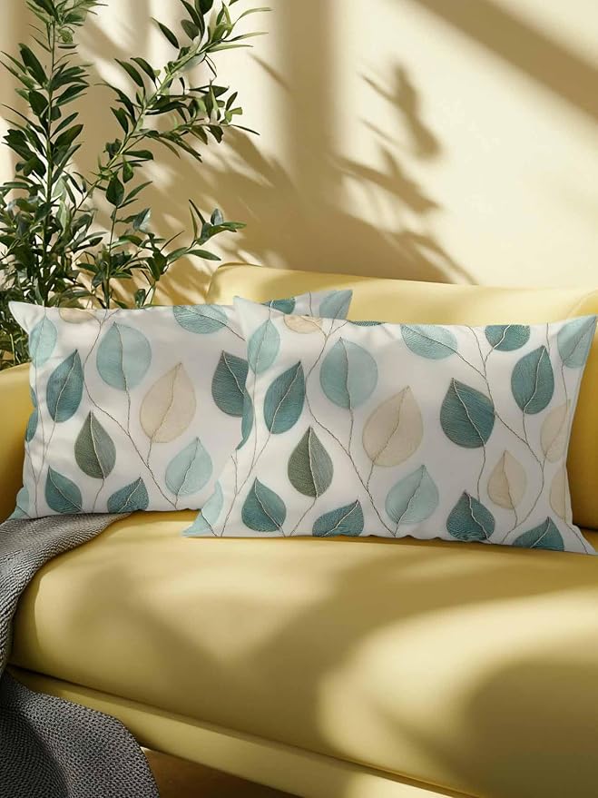 Outdoor Waterproof Throw Pillows Farmhouse Teal Green Leaf Patio Pillows,Decorative Pillow Covers with Insert,Pillow Cushion Case for Garden Couch Sofa Vintage Watercolor Leaves