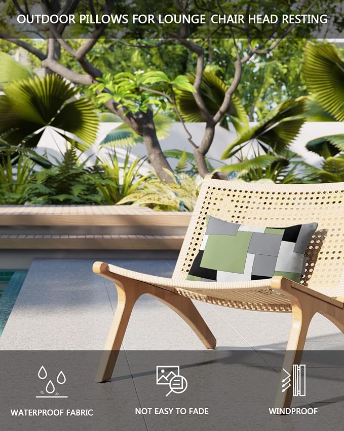 Outdoor Pillows Covers with Inserts Abstract Art Green Black Gray Splice Waterproof Recliner Pillow with Adjustable Strap Throw Pillows for Patio Furniture Pool Lounge Chair, 11x16 inch, 2PCS